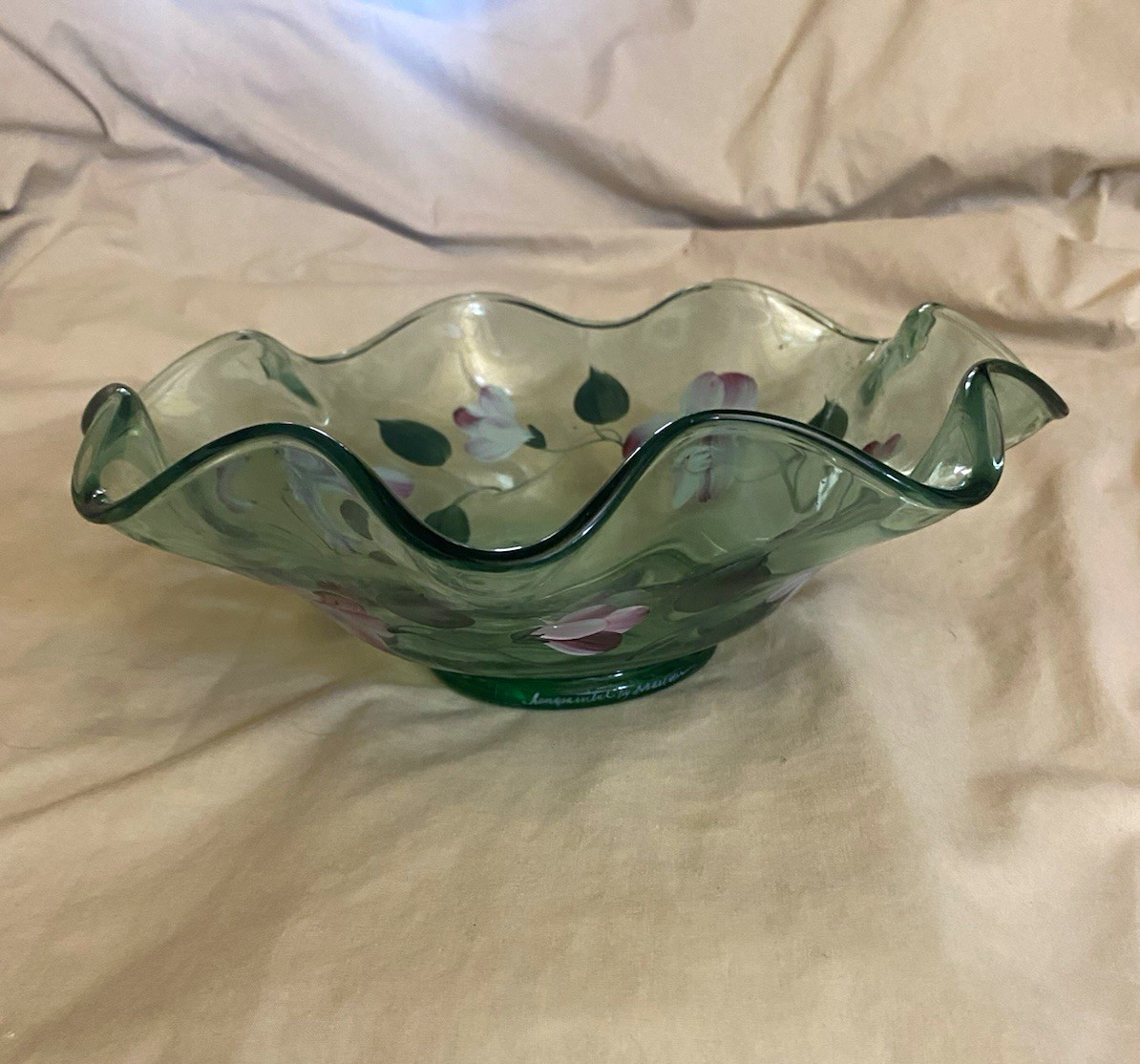 Vintage Fenton Sea Mist Green Ruffled Bowl Hand Painted Artist Signed Vintage Fenton Sea Mist Green Ruffled Bowl Hand Painted Artist Signed