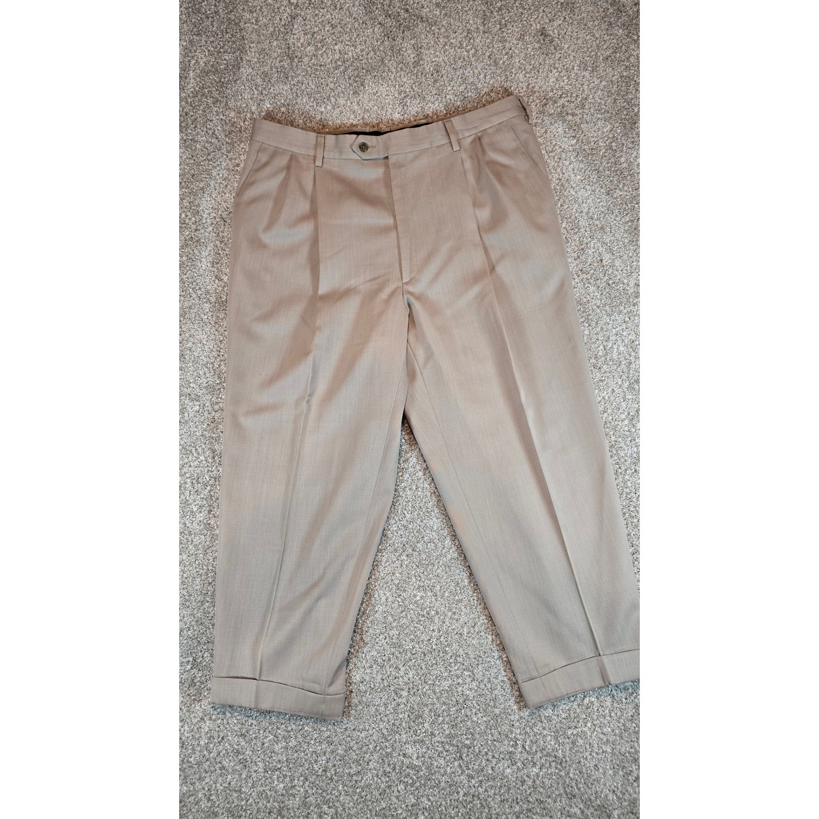 Berle Mens 38x30 Tan 100% Wool Double Pleated Cuffed Dress Pants Trousers