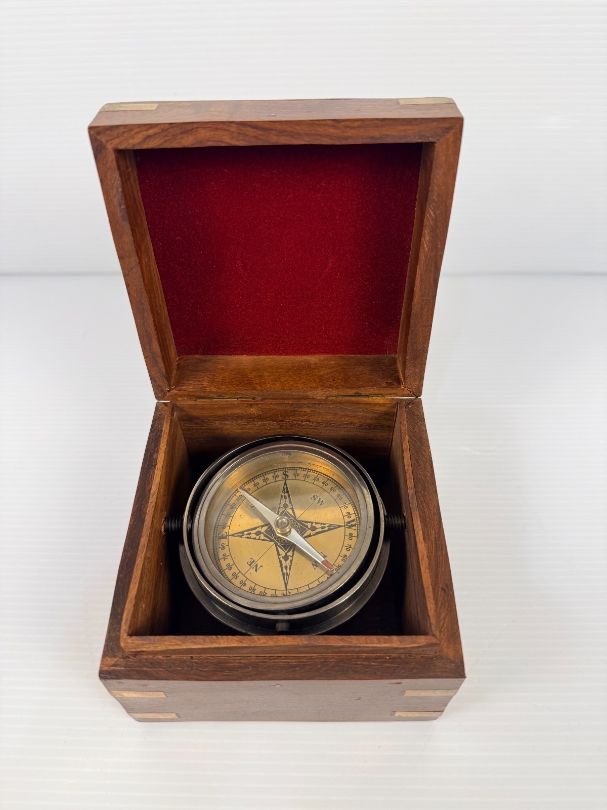 Vintage Pier 1 Imports Brass Gimbaled Nautical Compass in Wooden Velvet Box