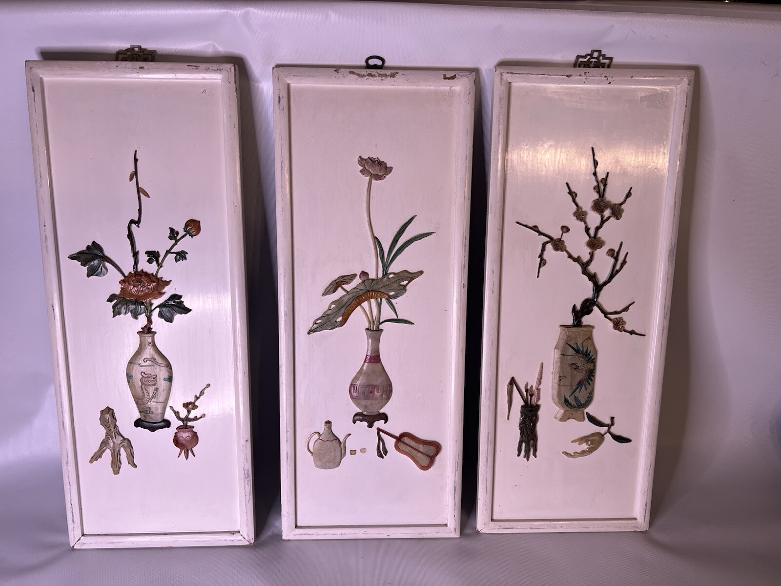 3 ANTIQUE Oriental ASIAN Wooden PANELS WHITE Lacquer JADE  Flower