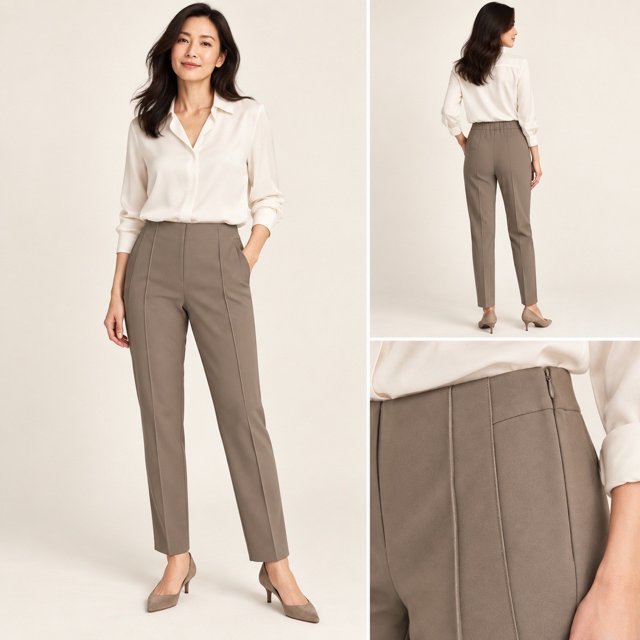 Lafayette 148 Size 6 Taupe Gramercy Acclaimed Bi Stretch Pintuck Seam Slim Pants