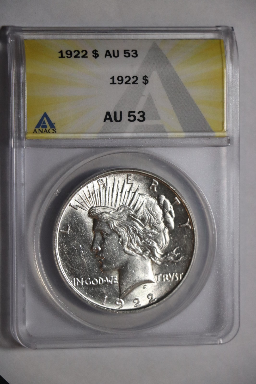 1922 P Peace Dollar $1 Coin Silver, ANACS Graded AU53