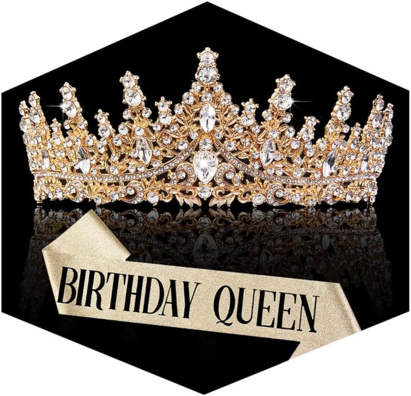 Fesciory Birthday Crown for Women, Gold Plated Crystal Tiara with Sash Fesciory Birthday Crown for Women, Gold Plated Crystal Tiara with Sash