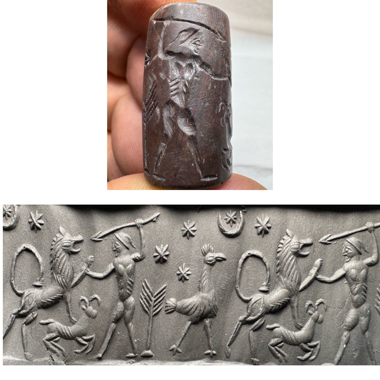 Roman  Old King & Lion attack   Jasper Stone Hunting Scene Intaglio Seal Bead