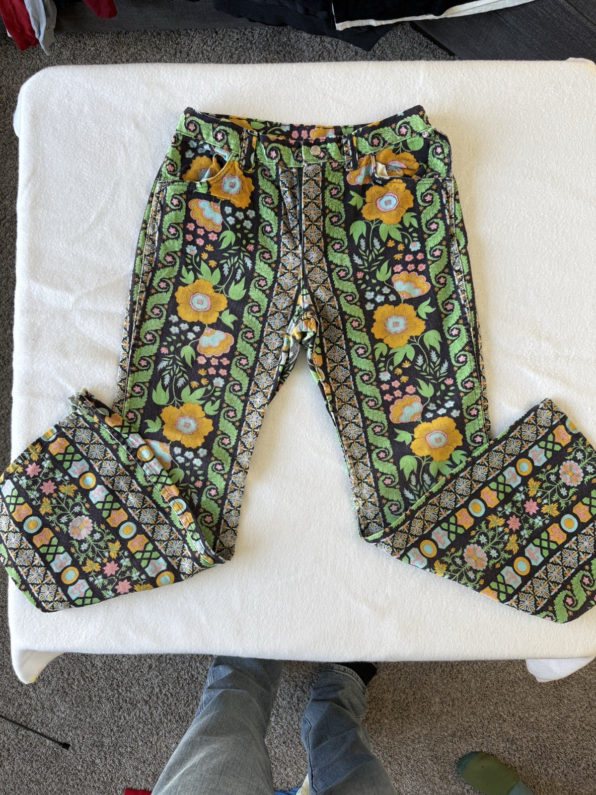1970’s Handmade 1/1 Denim Floral Jeans, DOVE Zipper, 30W 26L