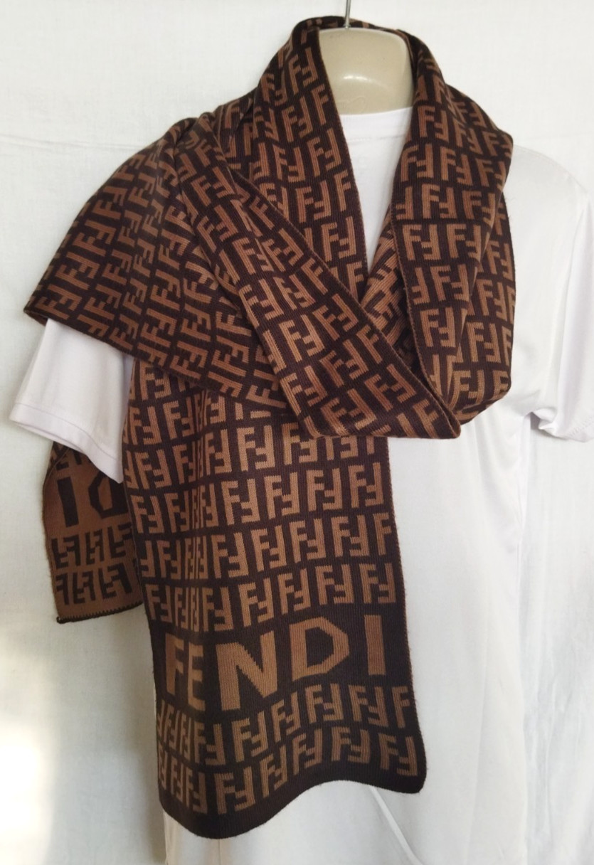 Fendi Scarf 100% Wool Wrap Brown Stole FF Logo Muffler Fendi Scarf 100% Wool Wrap Brown Stole FF Logo Muffler