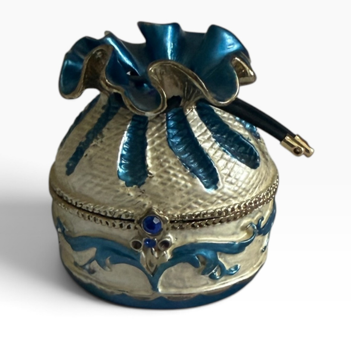 Blue Enamel Rhinestone Drawstring Pouch Hinged Trinket Box Vintage Style