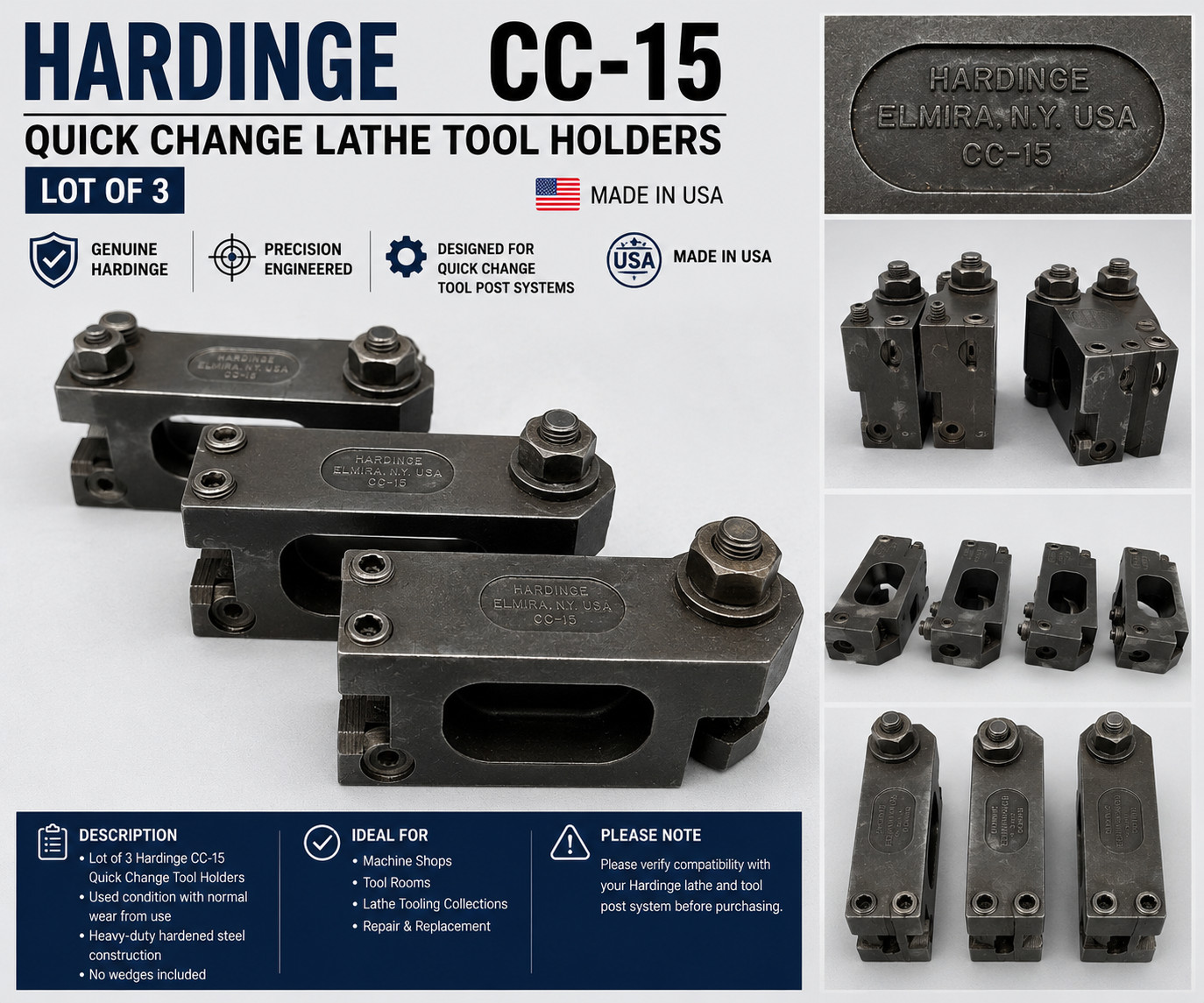 Lot of 3 HARDINGE WEDGE EXTENSION TOOL HOLDER - CC-15