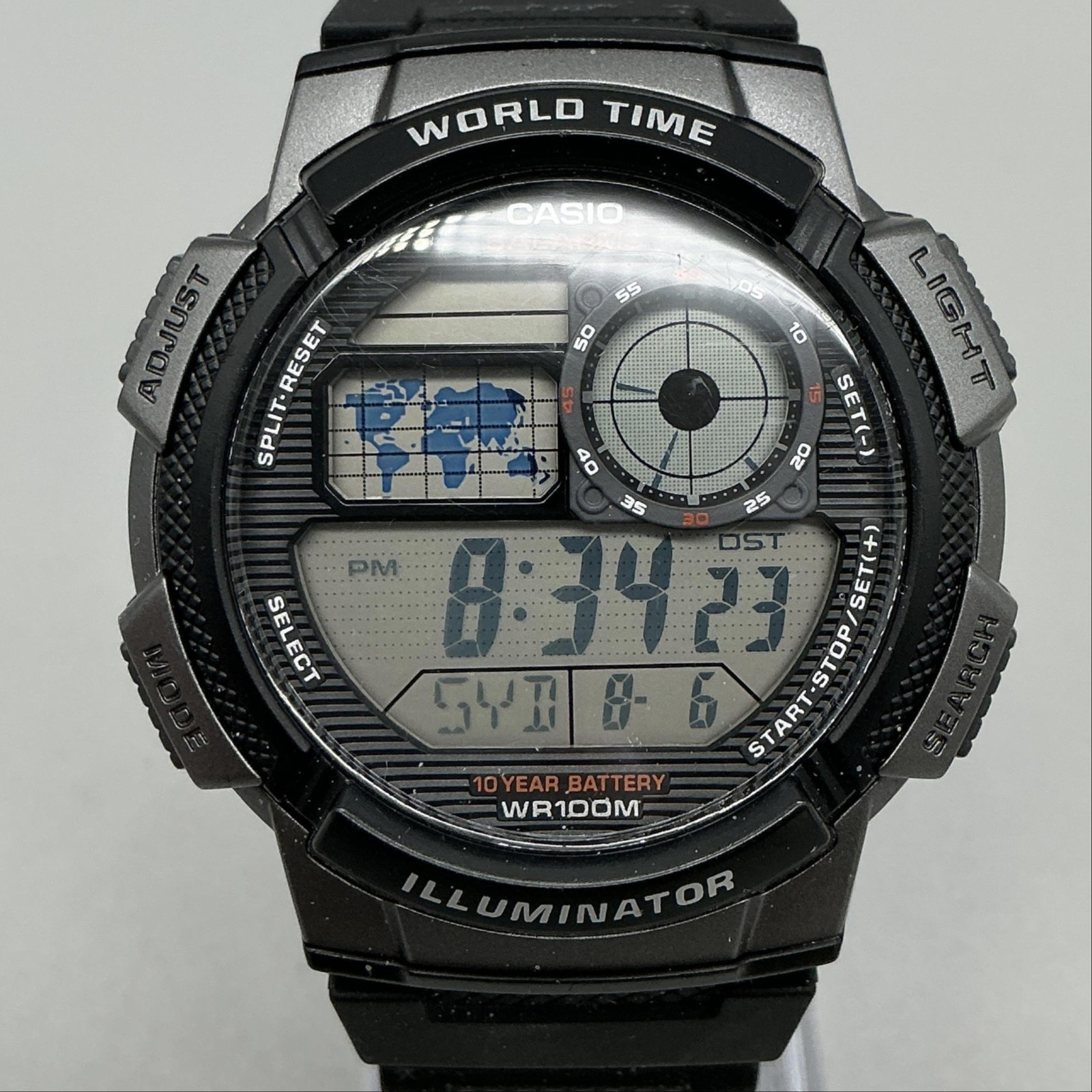 Casio AE-1000W Mens Watch 44mm Gray Digital World Time Black Resin New Battery