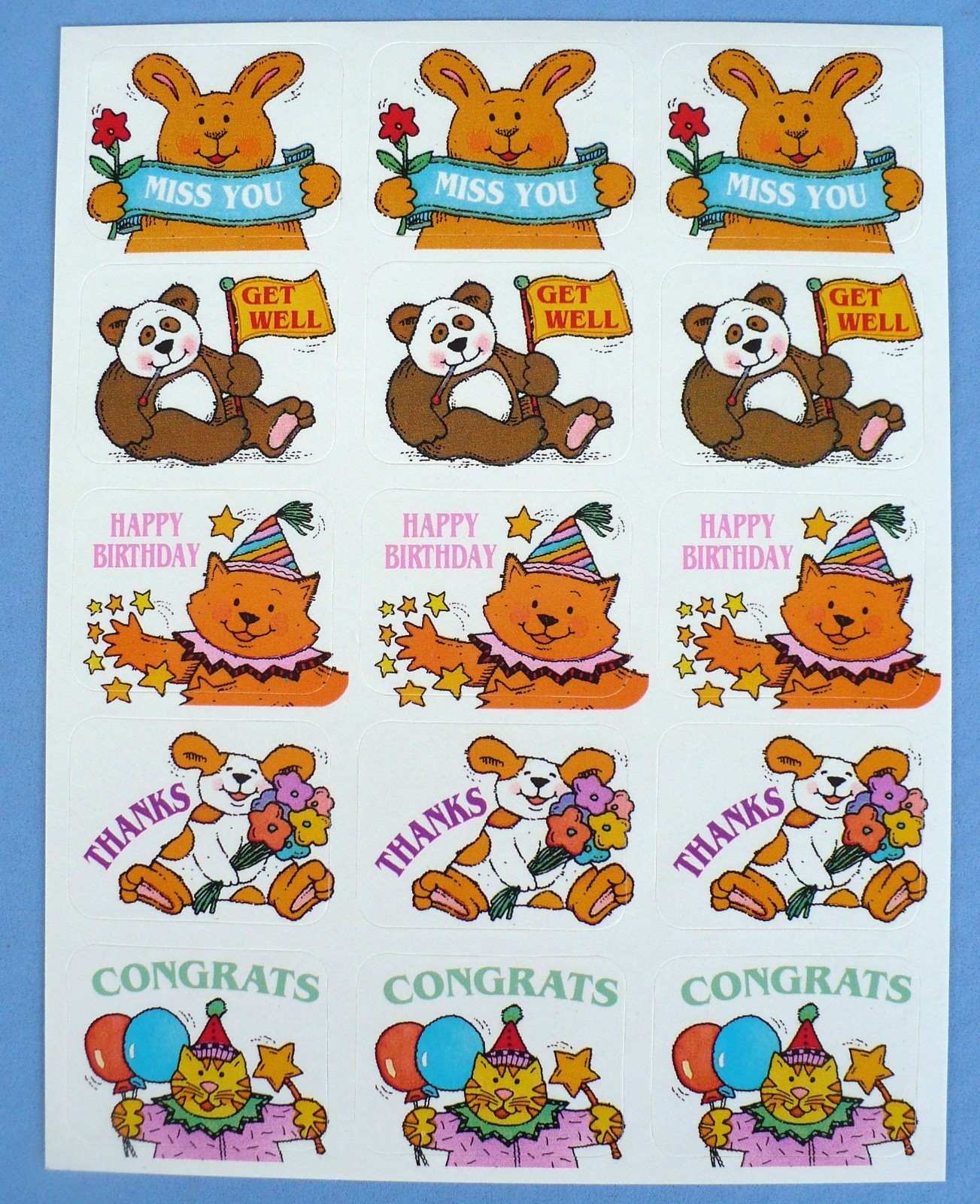 VINTAGE 1995 EUREKA OCCASION MISS YOU 15 STICKERS 1 SHEET GET WELL,CONGRATS, VINTAGE 1995 EUREKA OCCASION MISS YOU 15 STICKERS 1 SHEET GET WELL,CONGRATS,
