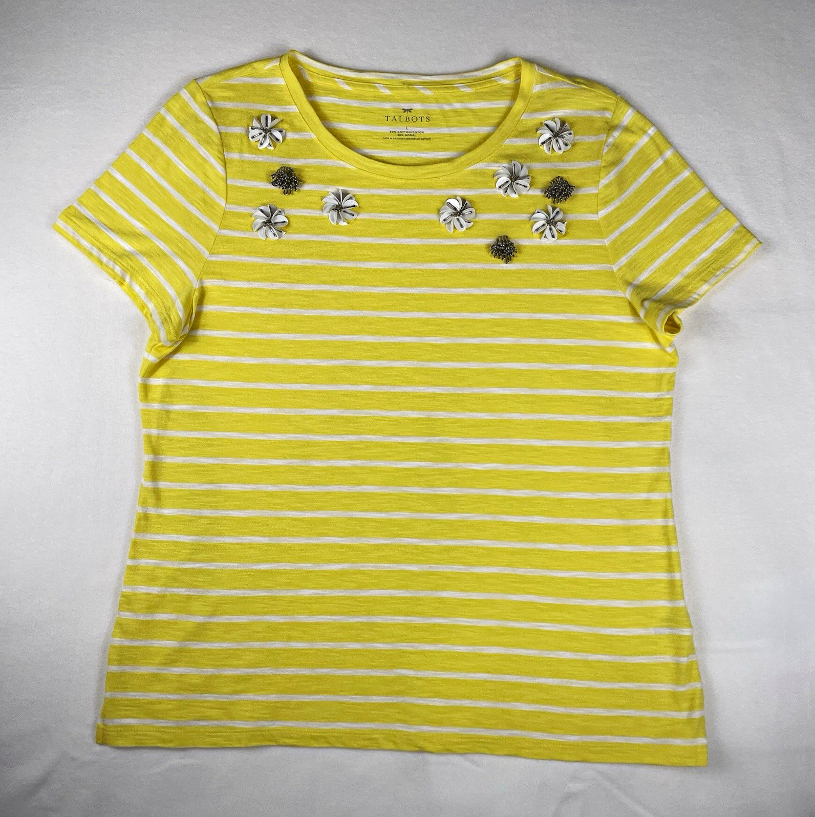Talbots Women’s L Yellow/White Striped Knit Crew Tee Floral Beaded Embellished Talbots Women’s L Yellow/White Striped Knit Crew Tee Floral Beaded Embellished
