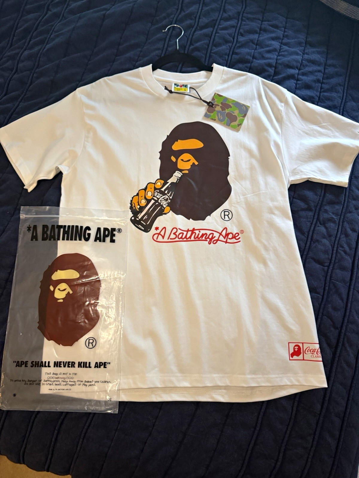 A Bathing Ape BAPE x Coca-Cola Men\'s L White Graphic Tee Crew Neck Cotton