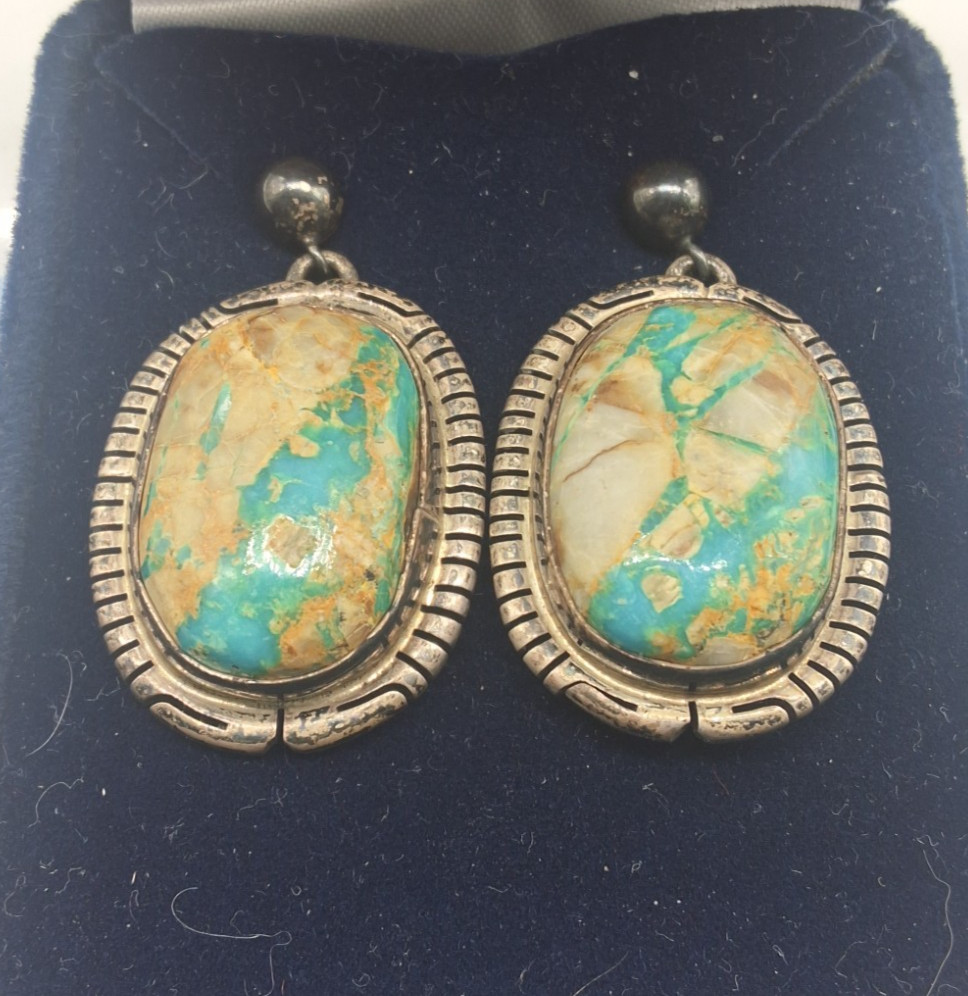 Navajo Nathaniel Johnson Sterling Royston Boulder Ribbon Turquoise Earrings 18g