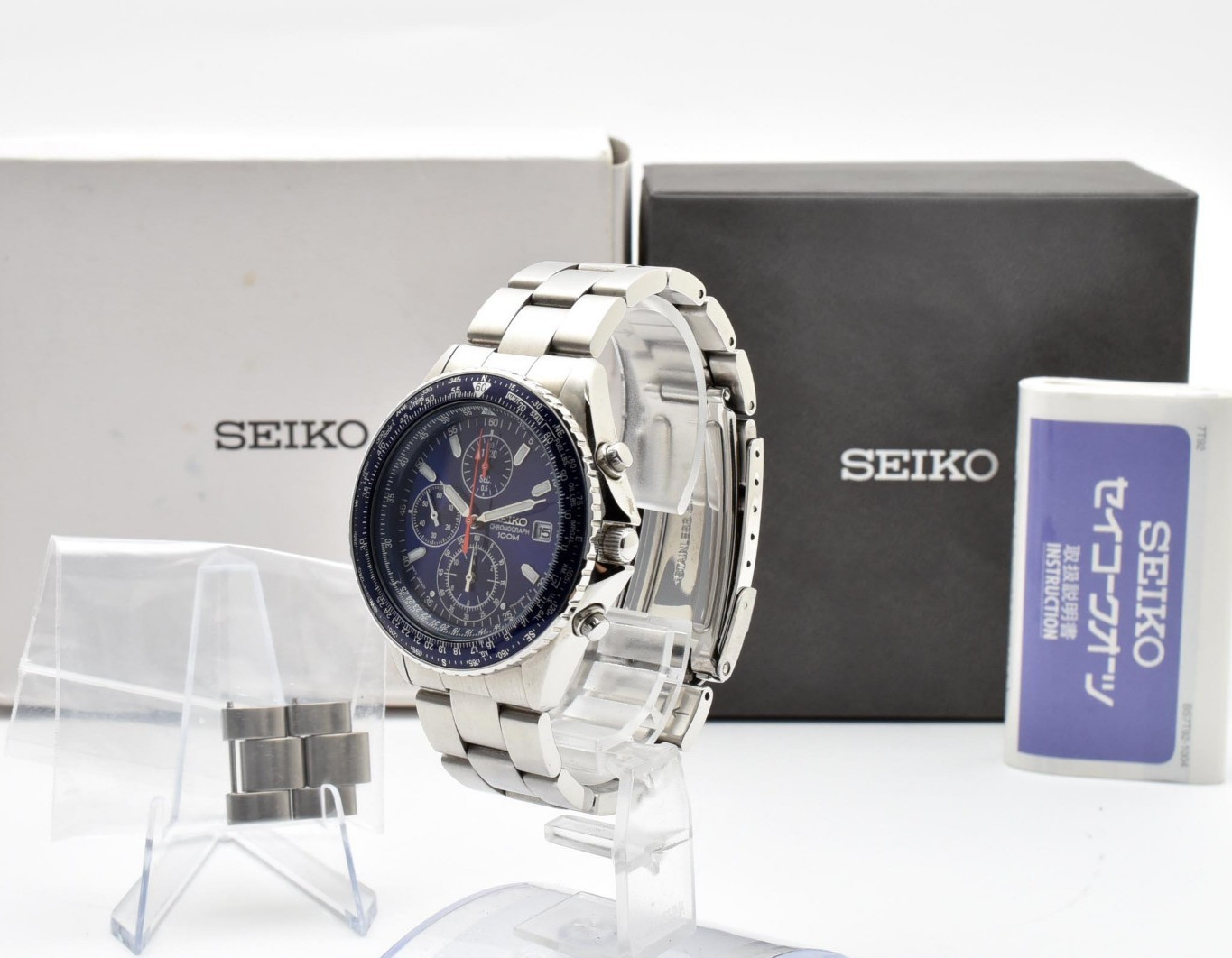 [Box] SEIKO Flightmaster Pilot 7T92-0CF0 Blue Chronograph Qz Men\'s Watch JAPAN