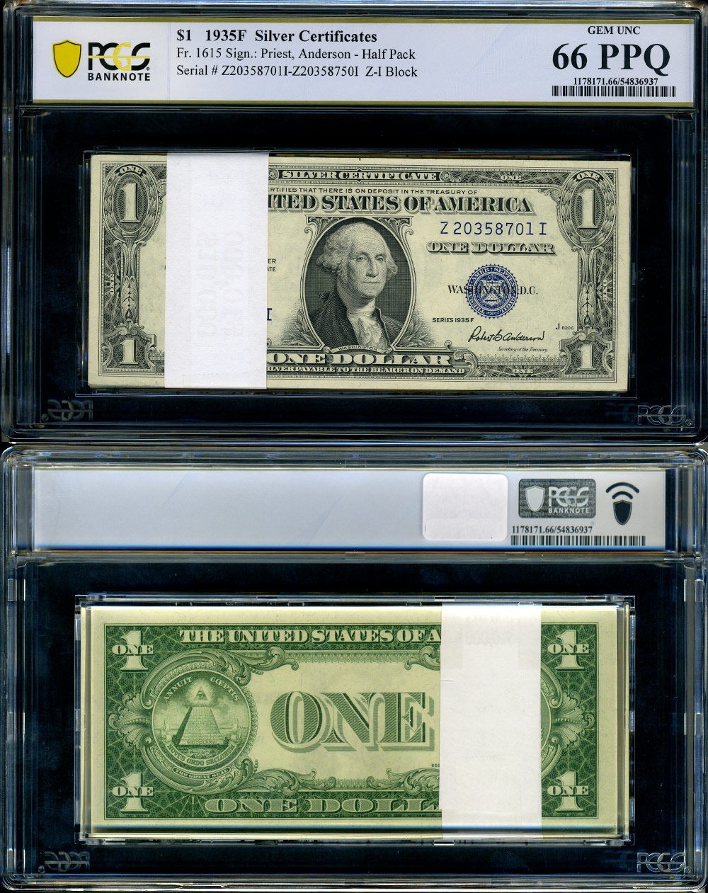 FR. 1615 $1 1935-F Silver Cert. Currency Pack Z-I Block PCGS Gem CU66 - 50pc ...