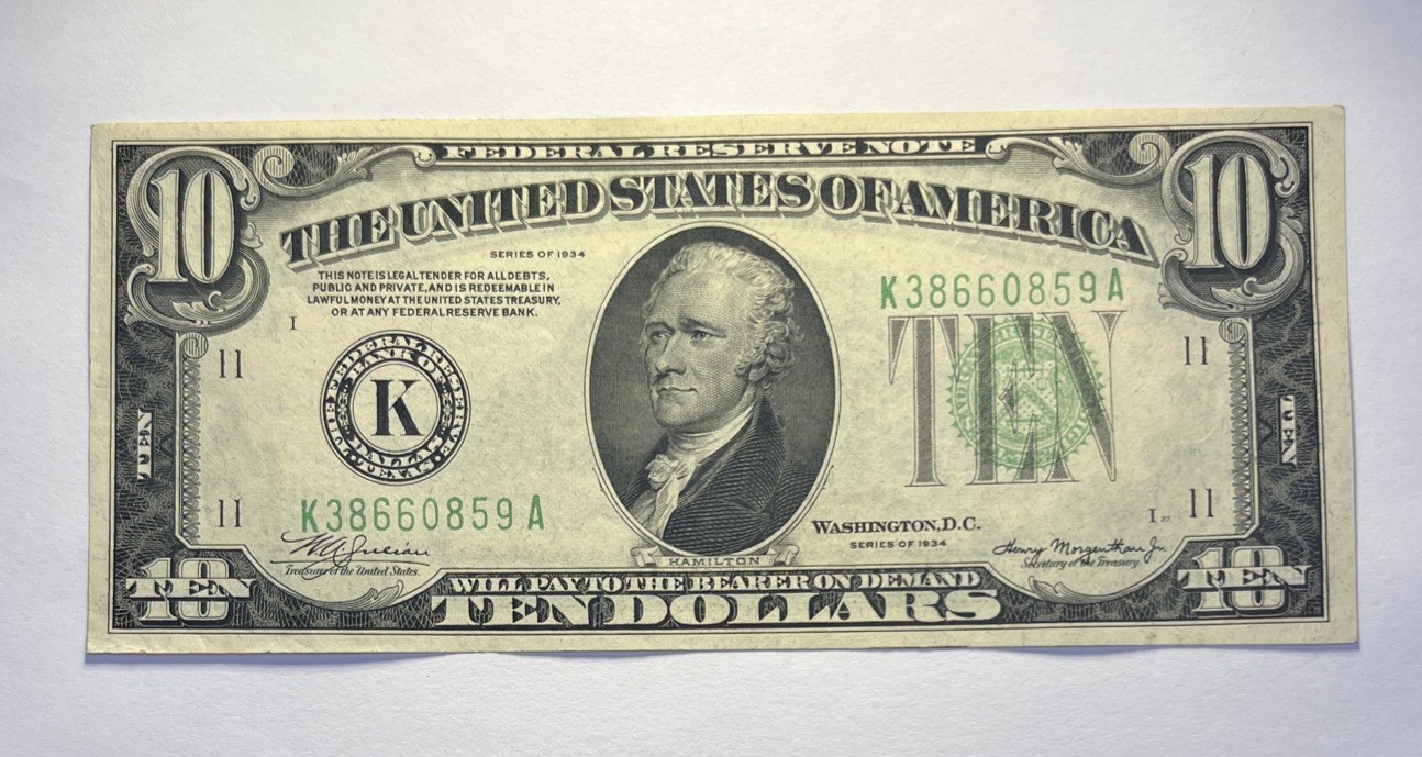 1934 TEN DOLLAR DALLAS TEXAS DISTRICT (K) LIME GREEN SEAL CRISP UNCIRCULATED