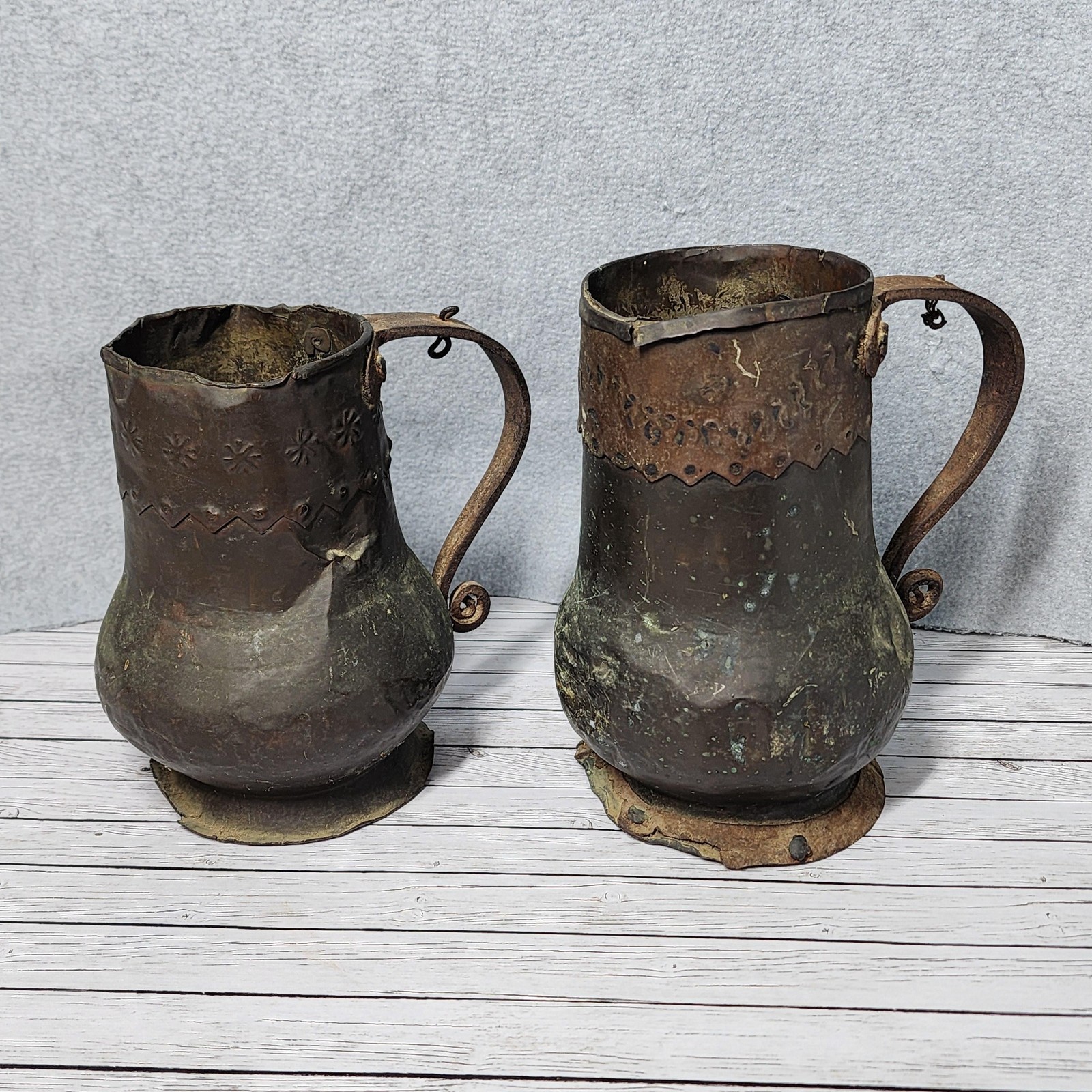 Pair Antique Ottoman Copper Mugs 18th 19th C Hand Hammered Bronze Repousse Iron