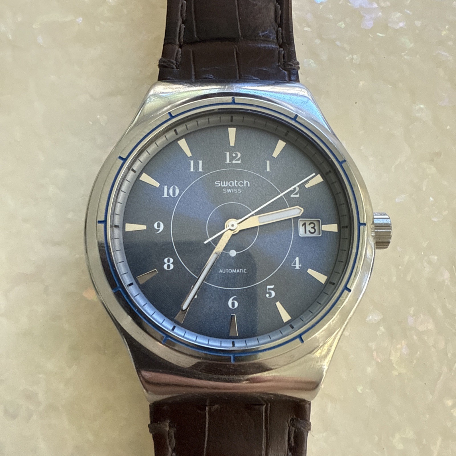 Swatch swiss lAutomatic Wristwatch Blue Dial Date Brown Leather Strap Silver