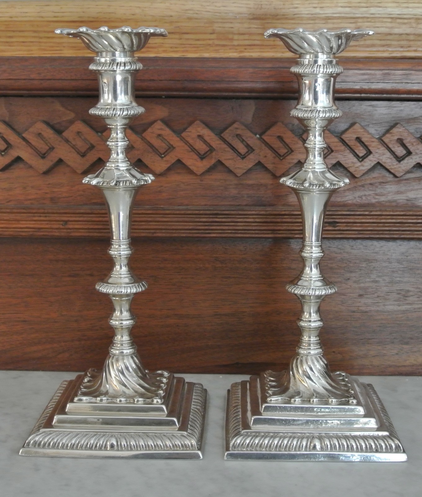 Antique Pair of George III Ebenezer Coker Silver Candlesticks - London 1760\'s