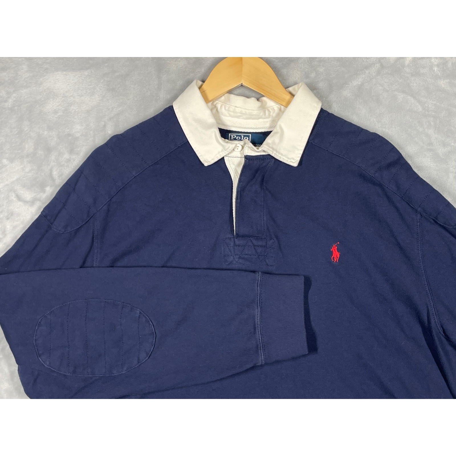 Vintage 90s Polo Ralph Lauren Men XXL Blue Long Sleeve Rugby Shirt Elbow Patches