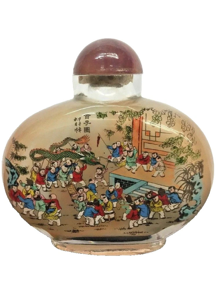 Antique Large Chinese Reverse Glass Painted Snuff Bottle W/ Agate Lid