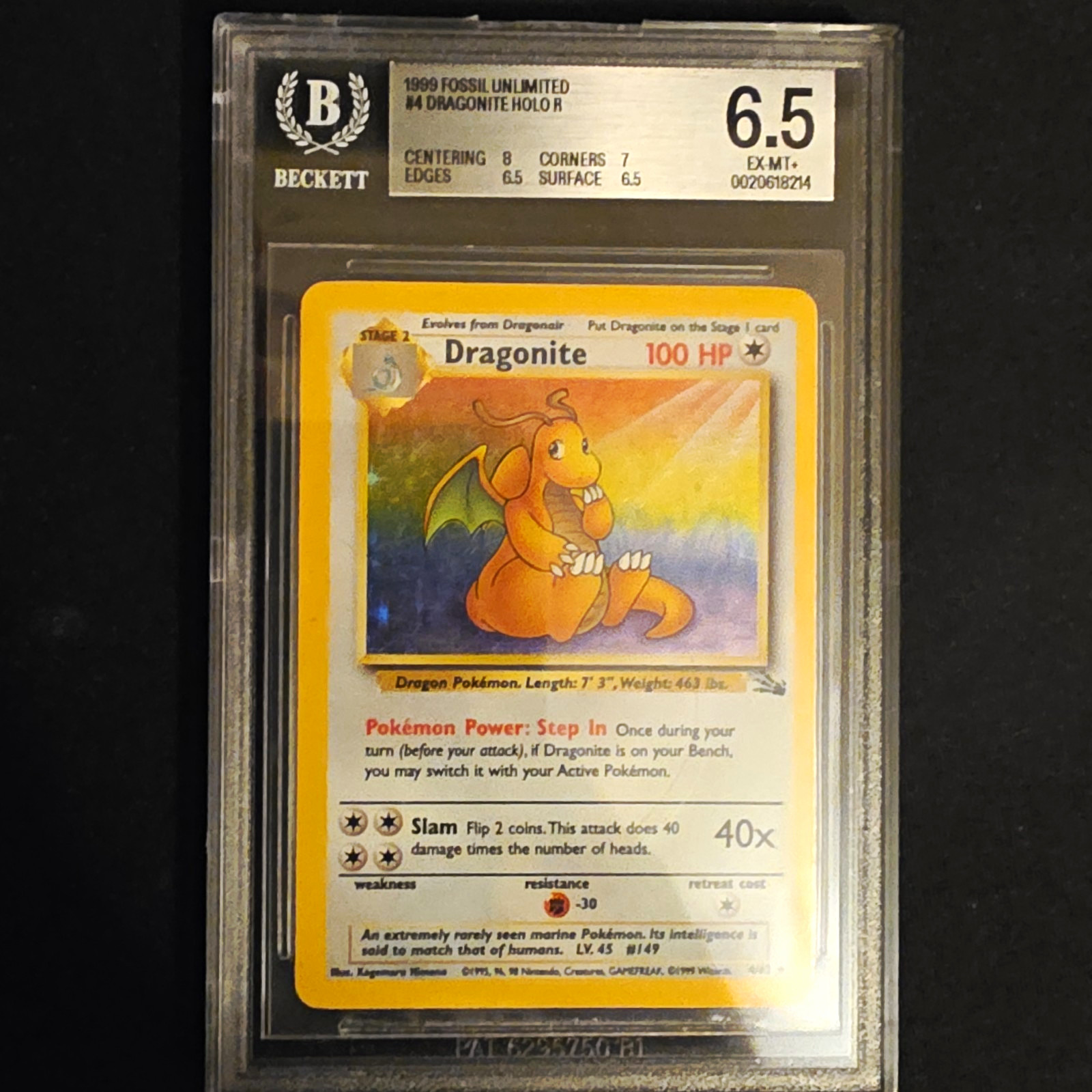 1999 Fossil Unlimited Dragonite Holo R #4/62 Beckett 6.5 EX MT+ 1999 Fossil Unlimited Dragonite Holo R #4/62 Beckett 6.5 EX MT+