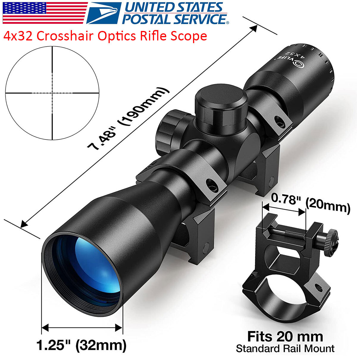 CVLIFE 4X32MM RIFLE SCOPE Crosshair Optics Hunting Gun Scope Fits For 20mm Mount