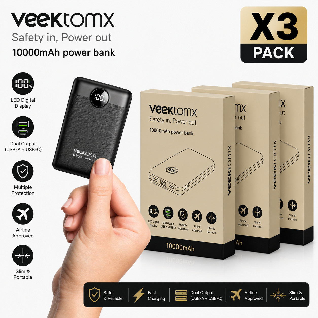 X3 PACK | Veektomx | 22.5W Power Bank 10000mAh Portable Charger for iPhone 17/16