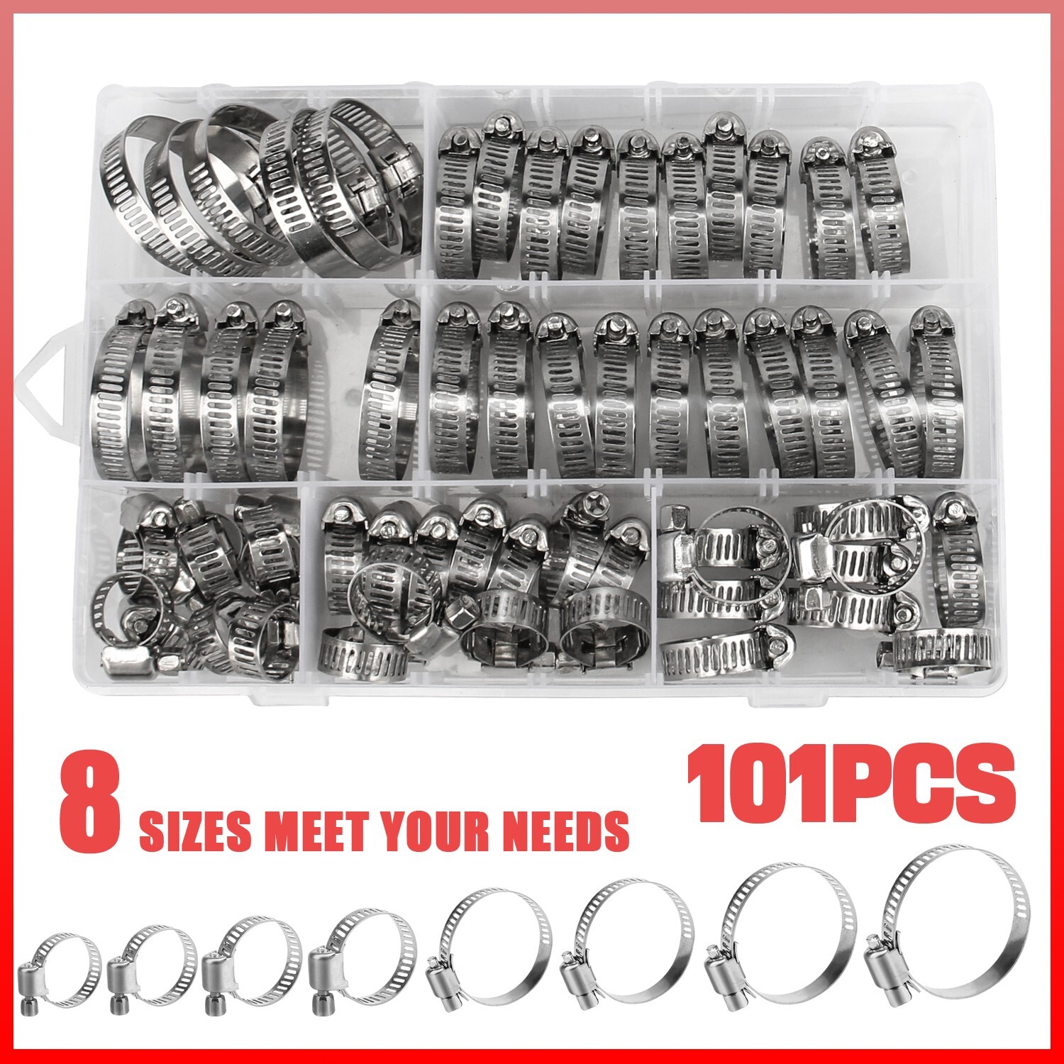 101-Pack Stainless Steel Hose Clamps - 8 Sizes All-in-One Premium Assortment