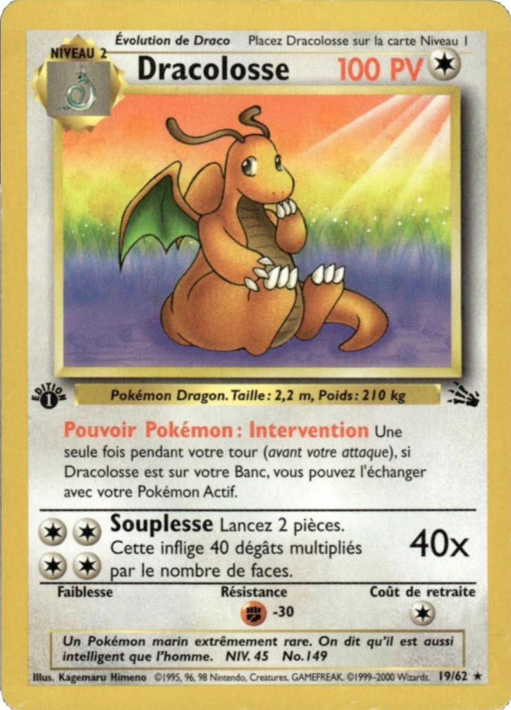 Pokémon TCG - Dracolosse (Dragonite) - 19/62 - French 1st Ed Fossil [Light Play]