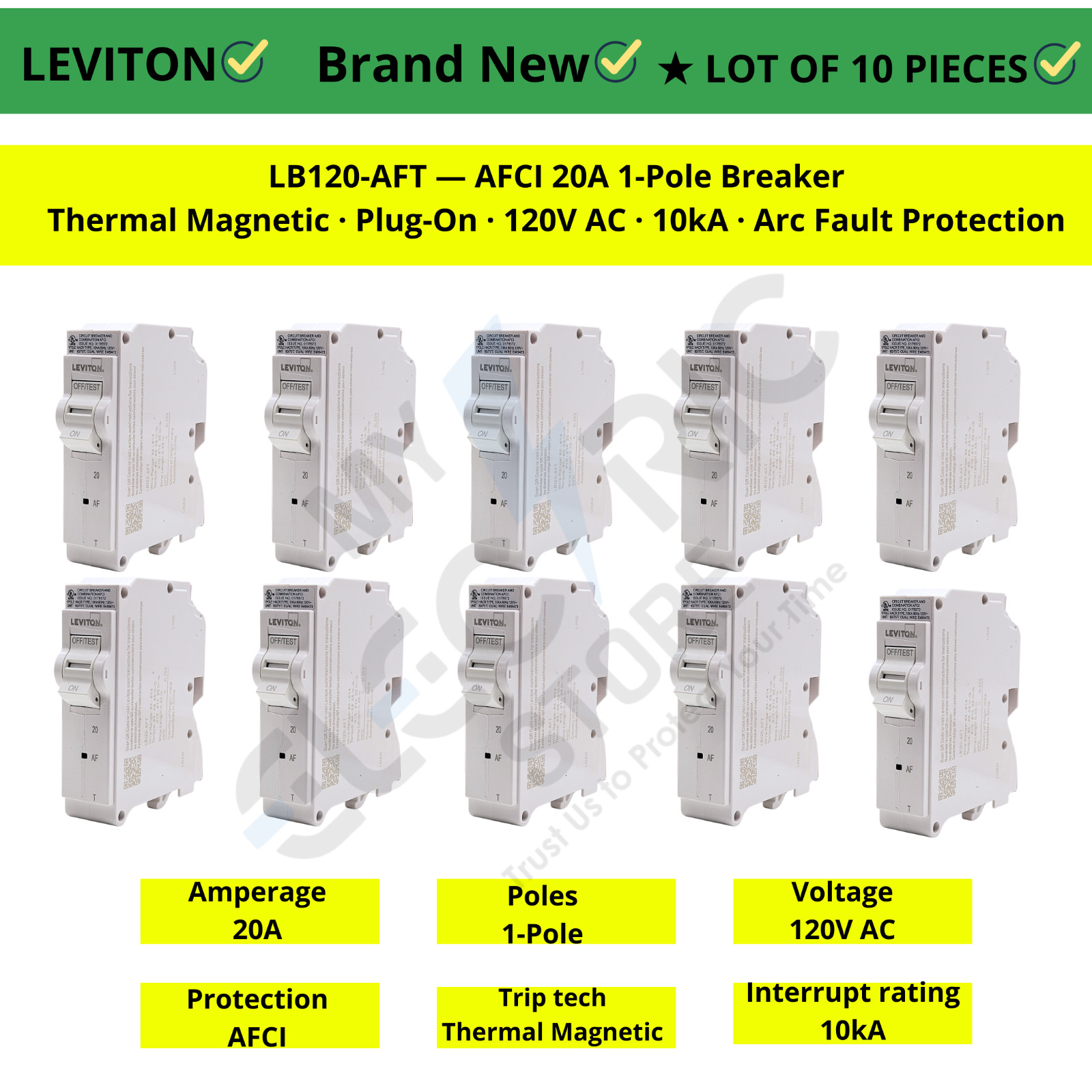 LEVITON LB120-AFT 20AMP AFCI THERMAL MAGNETIC PLUG-ON 120V BRAND NEW LOT 10