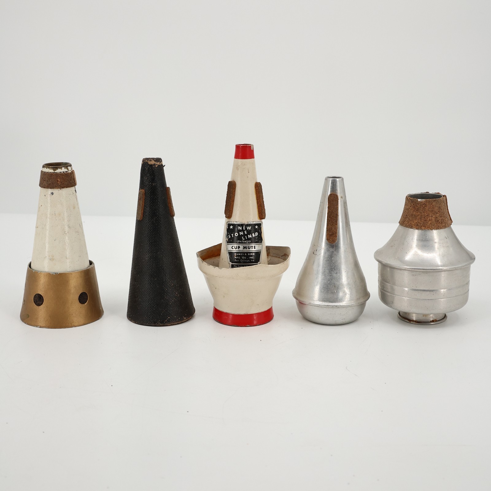 Lot of 5 Vintage Humes & Berg Stone Lined Brass Instrument Mute Collection