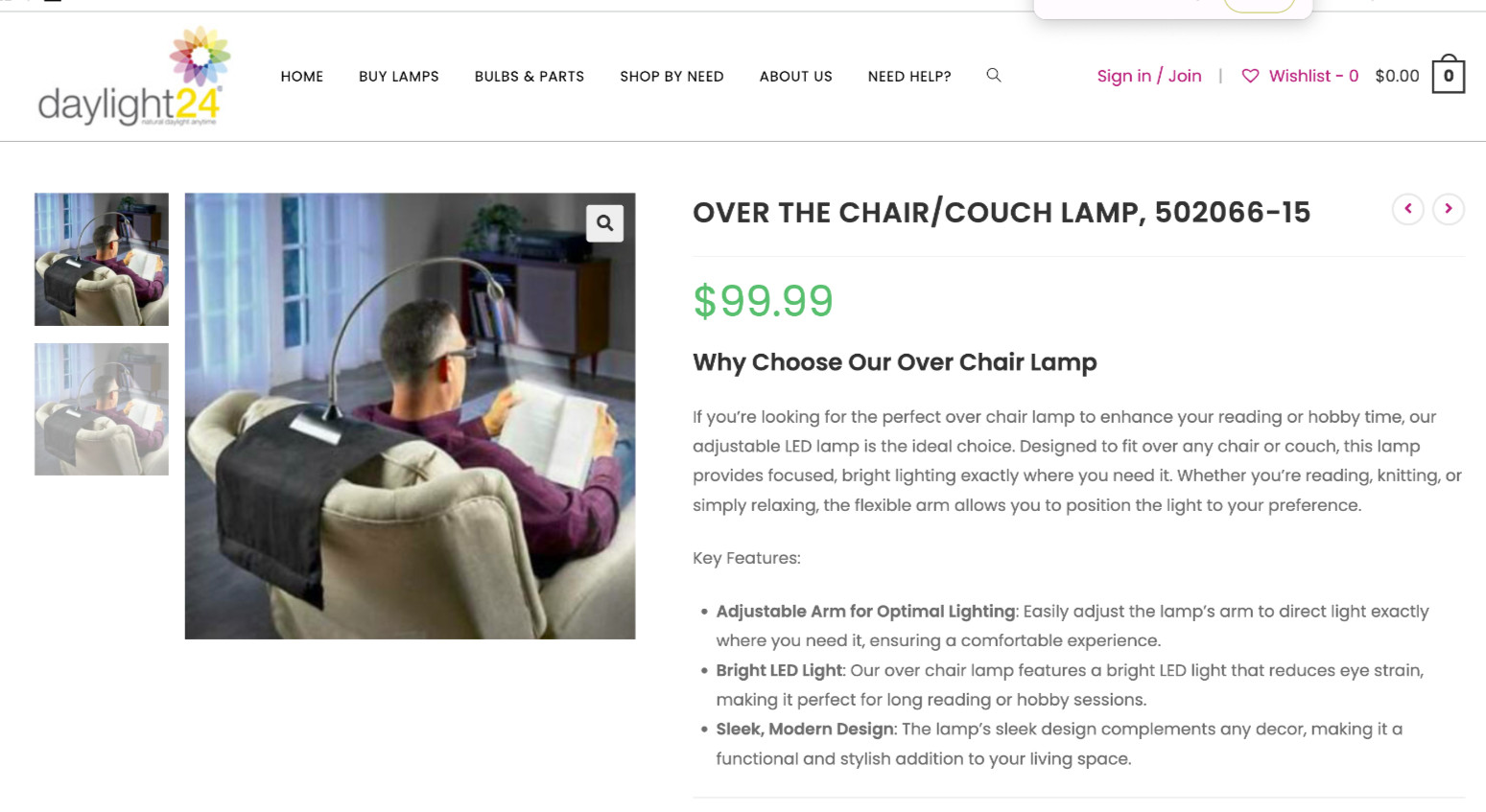 Daylight24 Model 502066-15 Over the Chair/Couch Lamp - EUC