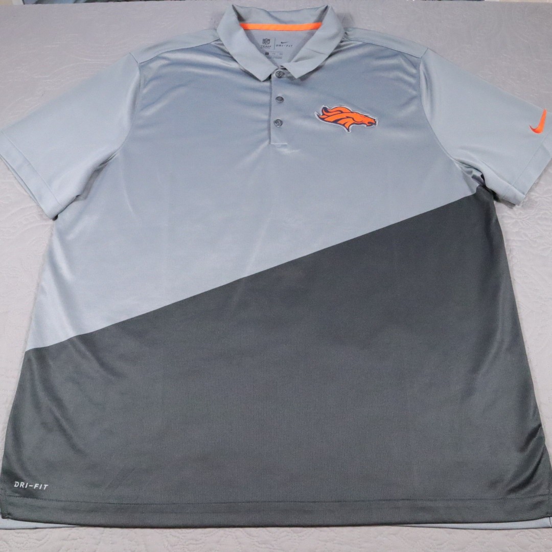 Nike Denver Broncos Polo Shirt Mens 2XL Gray NFL Football Dri Fit Logo Block