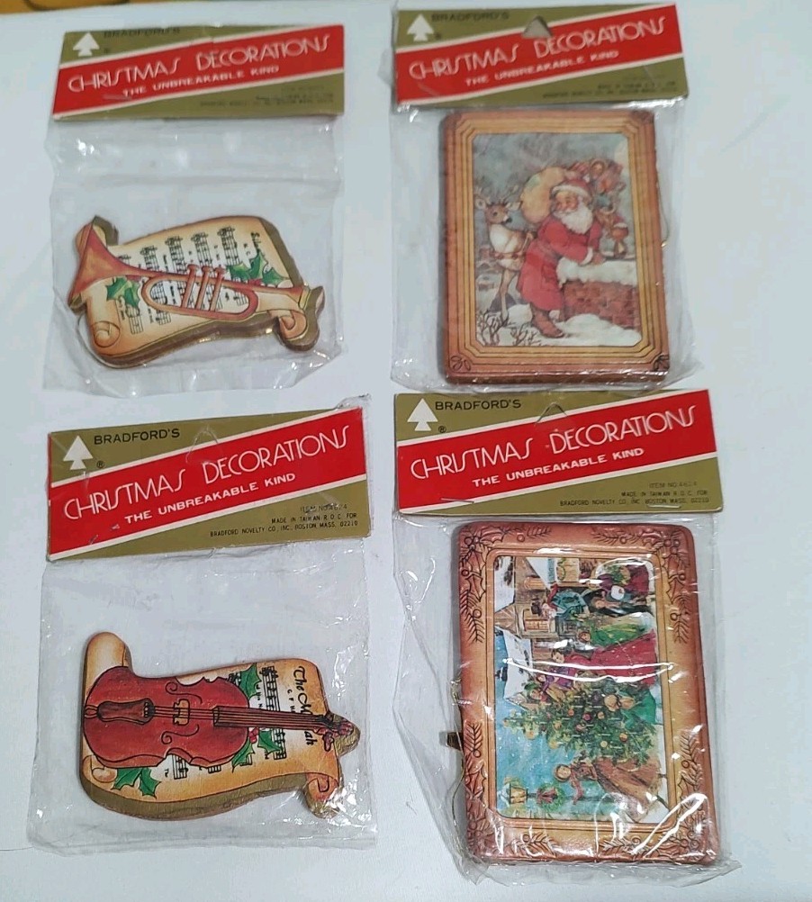 Lot 4 Vintage BRADFORD\'S The Unbreakable Kind Ornaments Trumpet Violin Picture