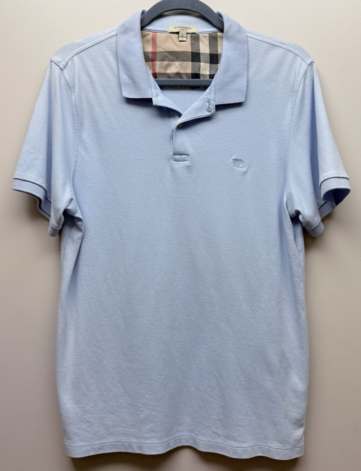 Burberry London Men’s Bheck Collar Light Blue Short Sleeve Polo Shirt L
