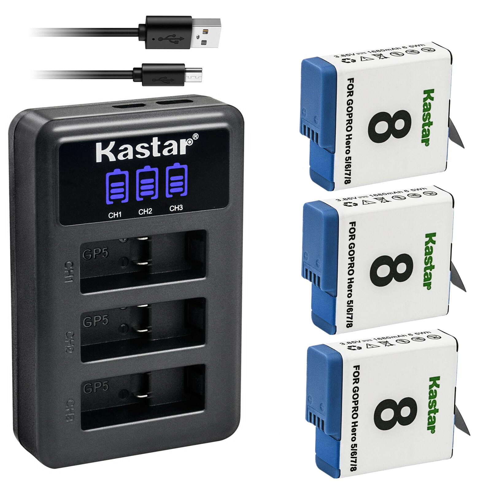 Kastar 3-Pack Battery + Triple Charger for Gopro HERO8 & HERO7 & HERO6 AJDBD-001