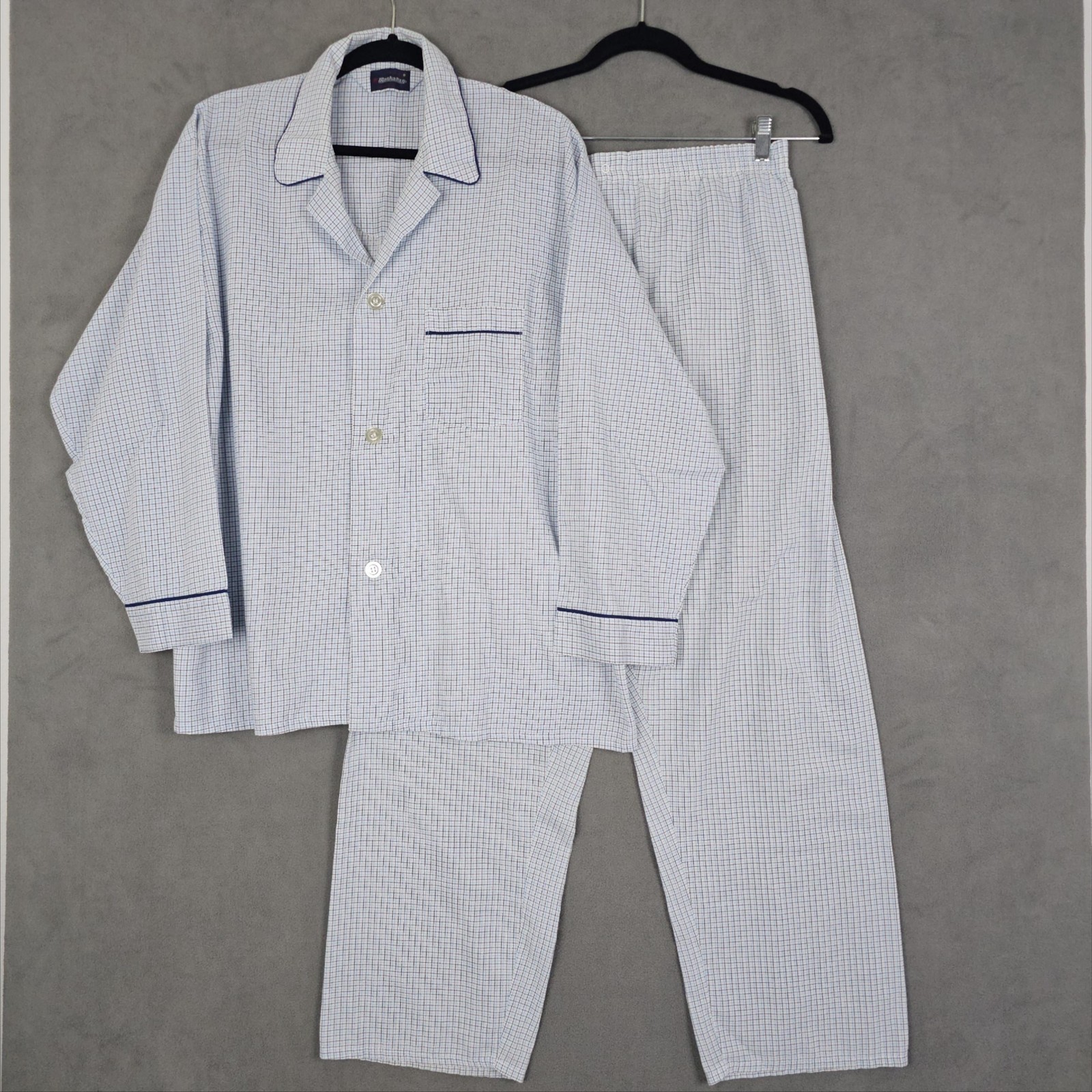 Vintage Manhattan Pajama Set Mens XL Blue Check Lightweight Long Sleeve Made USA