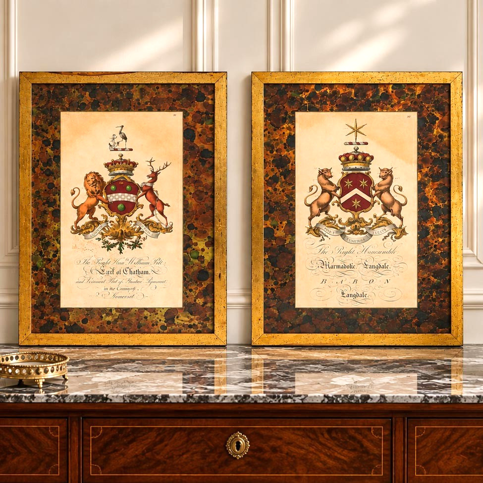 Pair Antique 19th Century Hand Colored Heraldic Engravings English Coat of Arms