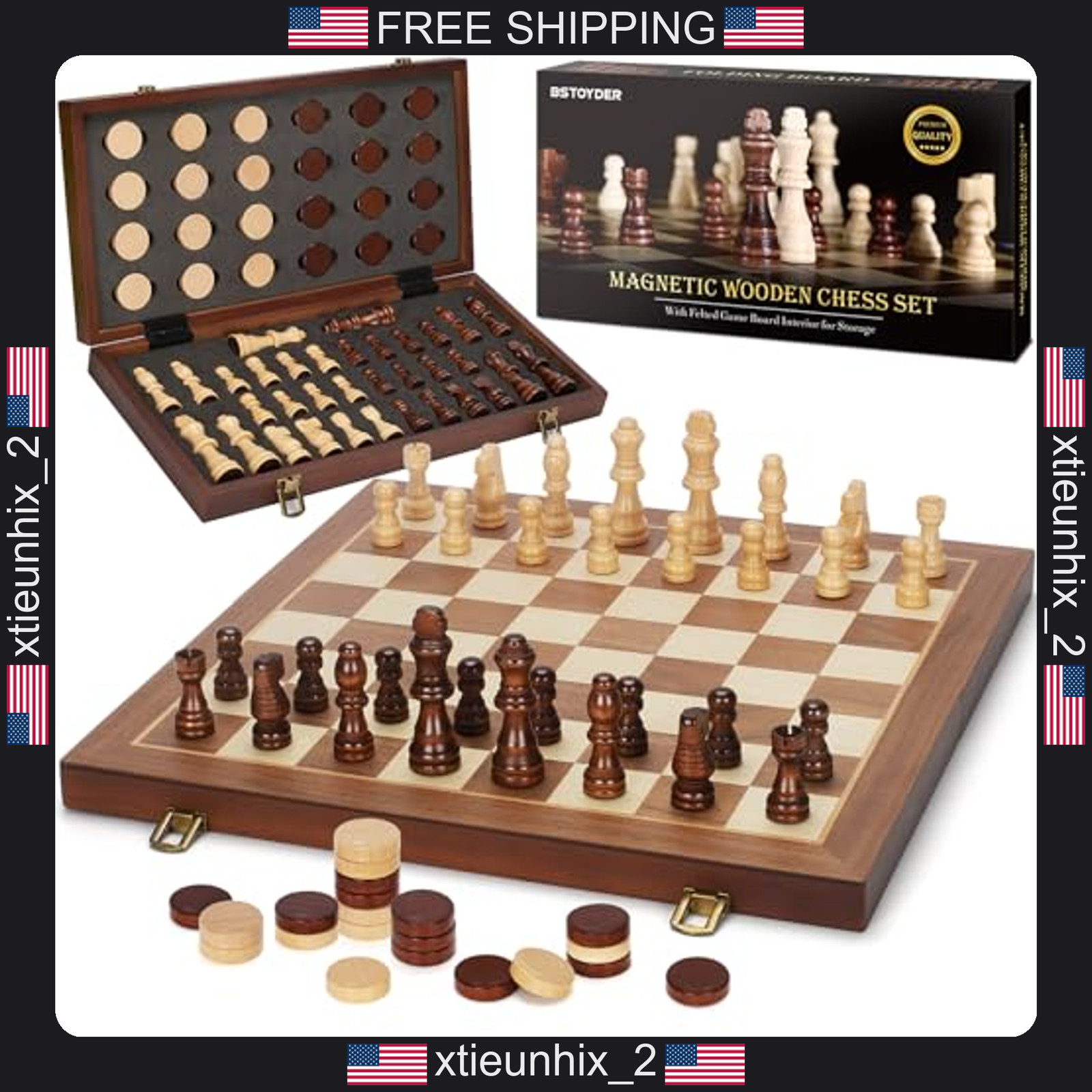 Magnetic Wooden Chess and Checkers Set 15-Inch Folding Travel Board Game