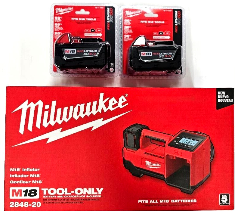 NEW N BOX Milwaukee M18 2848-20 Tire Inflator, 2) 5.0 Batteries 18 Volt Tool 18V