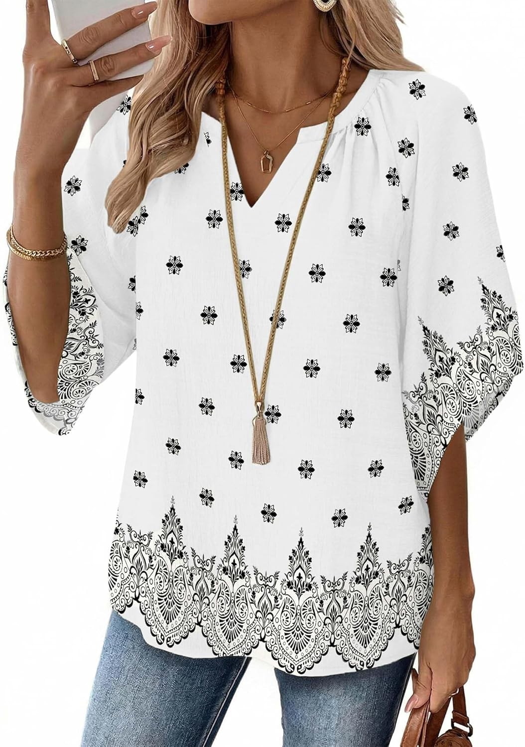 Womens Boho Floral Blouse 3/4 Sleeve V Neck Casual Loose Fit Tunic Shirts Tops