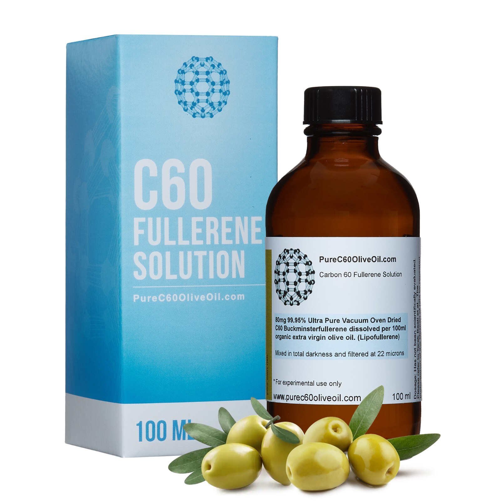 PureC60OliveOil C60 Organic Olive Oil 100ml - 99.95% Ultra Pure VOD C60 80mg