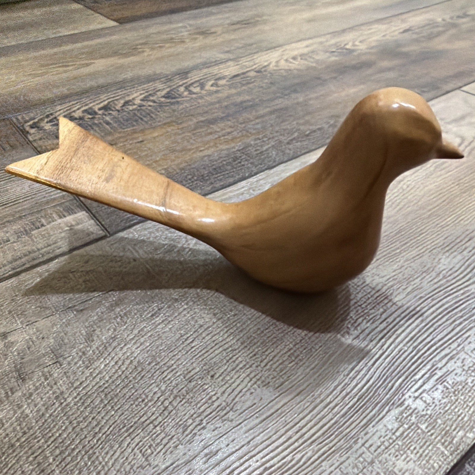 Vintage Folk Art  MCM Hand Carved Wood Bird Figurine Signed AMZ Brown