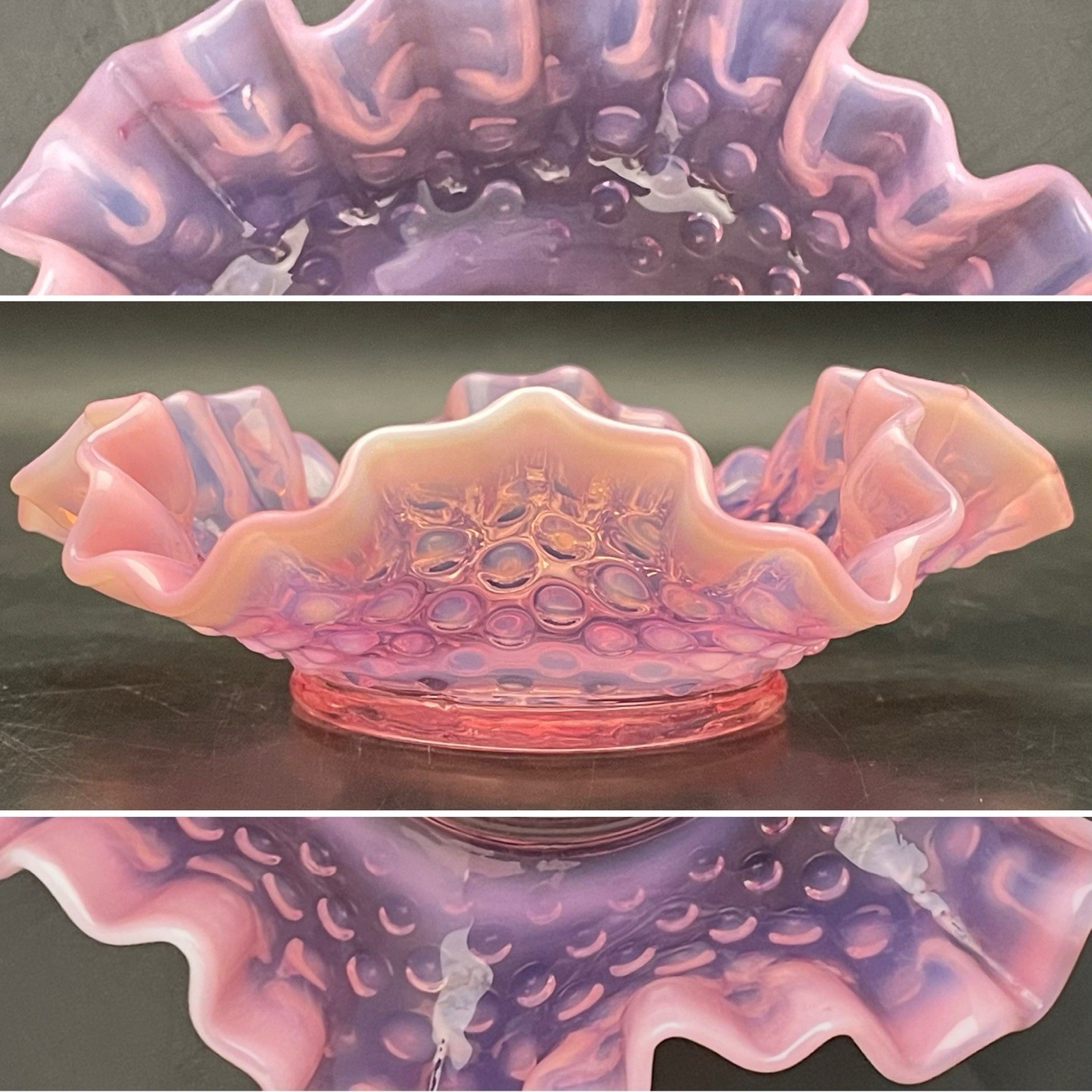 Fenton Pink Opalescent Hobnail Crimped Bon Bon Candy Dish c1940s USA 6.25\