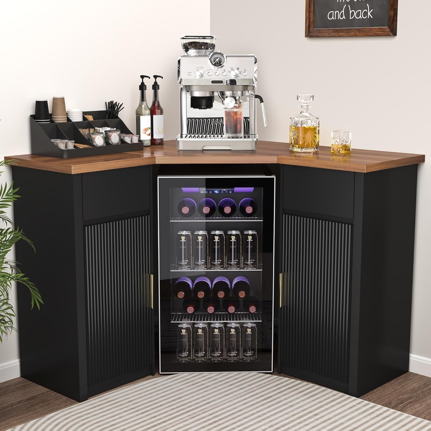 Corner Bar Cabinet with Fridge Space, Corner Coffee Bar Station with Storage