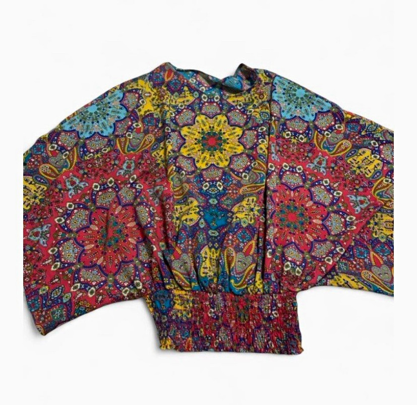 Women’s Multicolor Paisley Balloon Long Sleeve Smocked Waist Pullover Blouse Women’s Multicolor Paisley Balloon Long Sleeve Smocked Waist Pullover Blouse