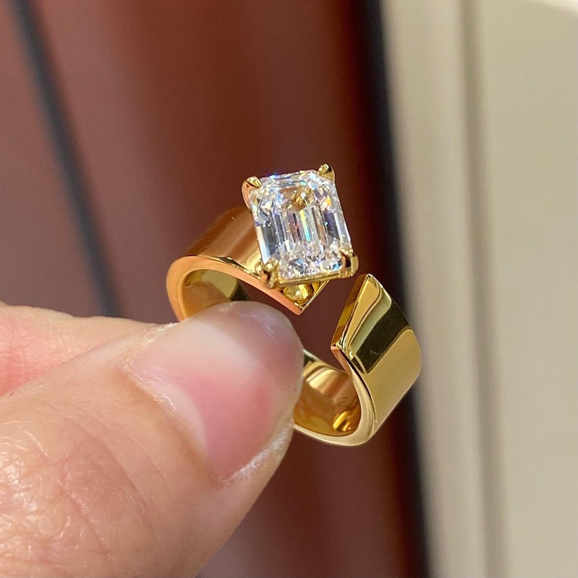 Unique 4.00 Carat Emerald Cut Lab Grown Diamond Engagement Ring 18K Yellow Gold
