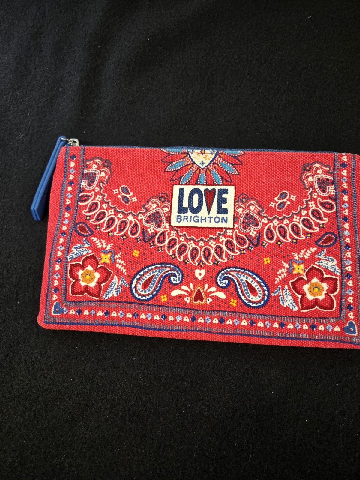 NEW LOVE BRIGHTON Red Bandana Canvas Blue Stripe Lining Cosmetic Zip Bag