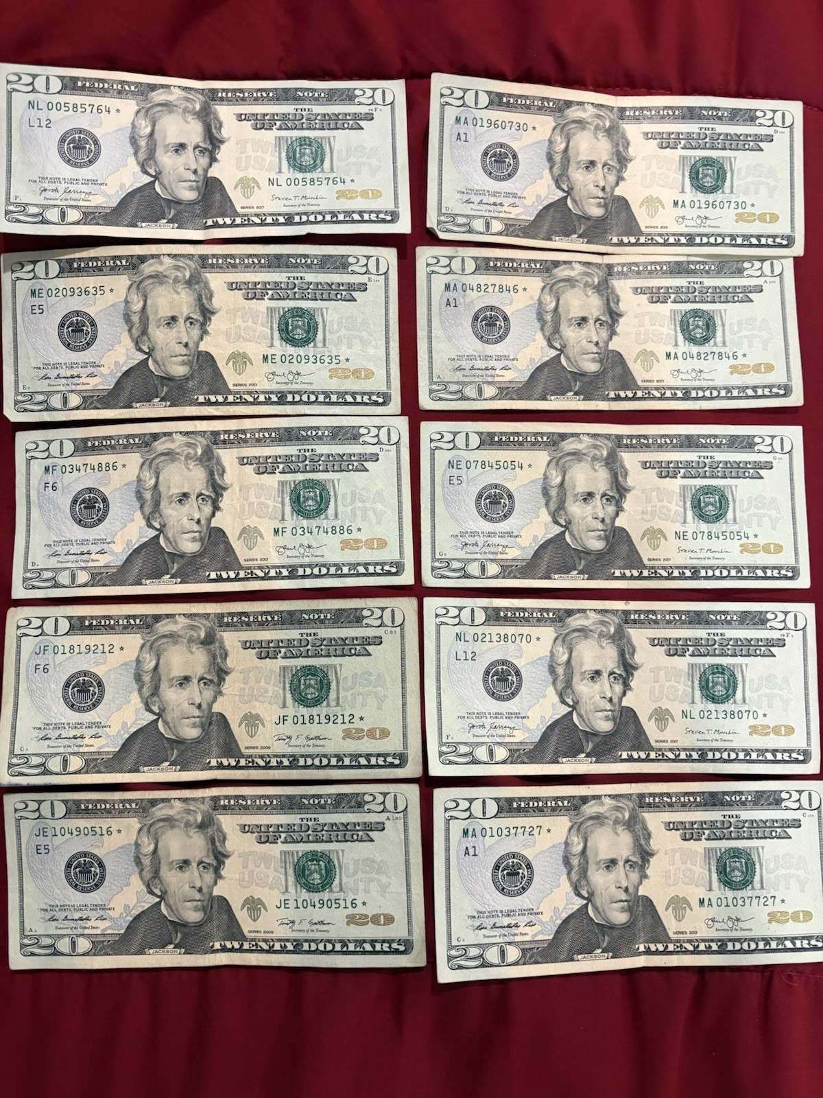 Lot of 10 $20 Star Notes - Paper Currency Collections & Lots